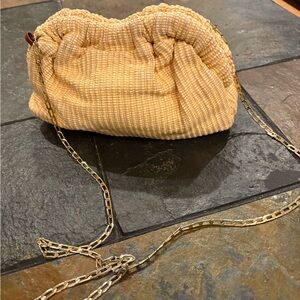 Mansur Gavriel Tan Woven Clutch with Gold Chain